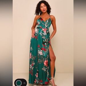 Lulus Emerald Green Floral Print Satin Maxi Dress | Size S